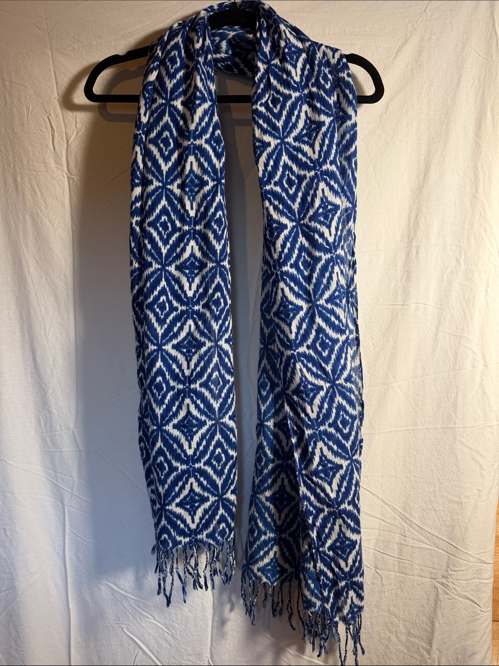 Blue & White Geometric Fringe Throw Scarf - Home Accent